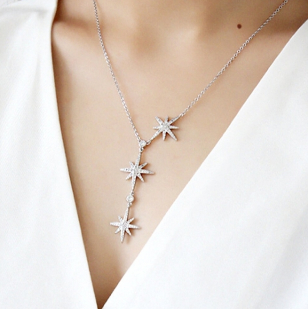 THREE STARS SNOWFLAKE NECKLACE 925 SILVER PENDANT CHARM UNIQUE WOMEN JEWELRY